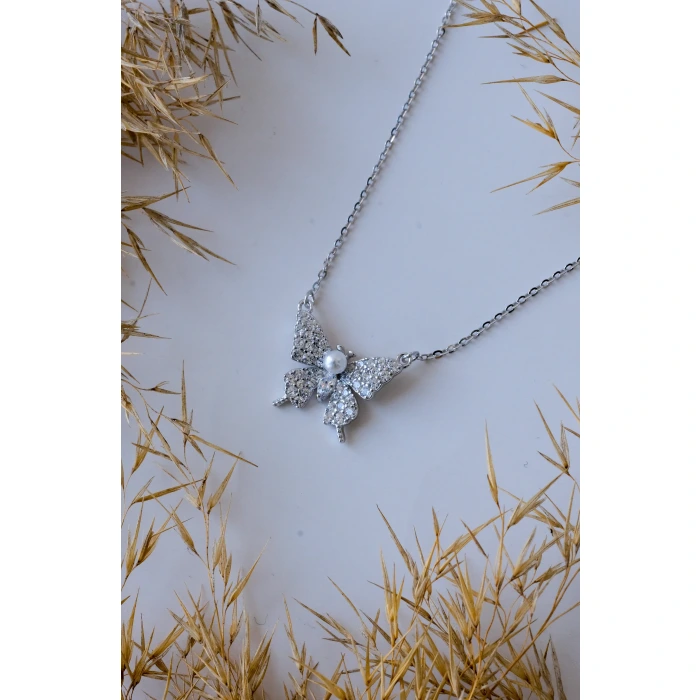 İnci Detaylı Kelebek Silver 925 Gümüş Kolye 