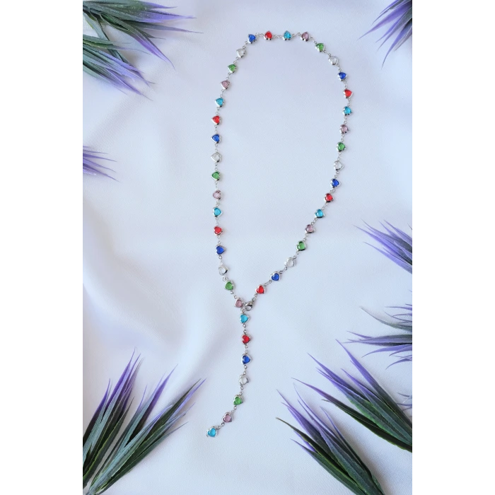 Y Renkli Taş Kalp Çelik Kolye