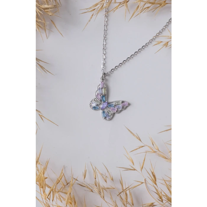 Renkli Taş Detaylı Silver 925 Gümüş Kolye