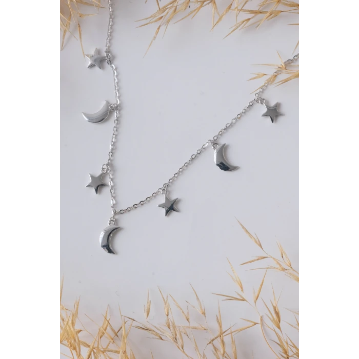 Ay&Yıldız Charm Detaylı Silver 925 Gümüş Kolye