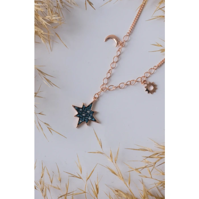 Kutup Yıldızı Mavi Taş Detaylı Rose 925 Gümüş Kolye