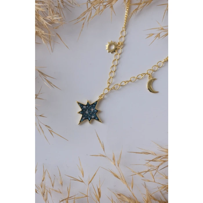 Kutup Yıldızı Mavi Taş Detaylı Gold 925 Gümüş Kolye 