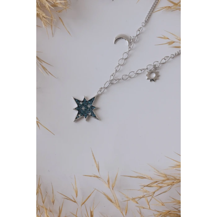 Kutup Yıldızı Mavi Taş Detaylı Silver 925 Gümüş Kolye