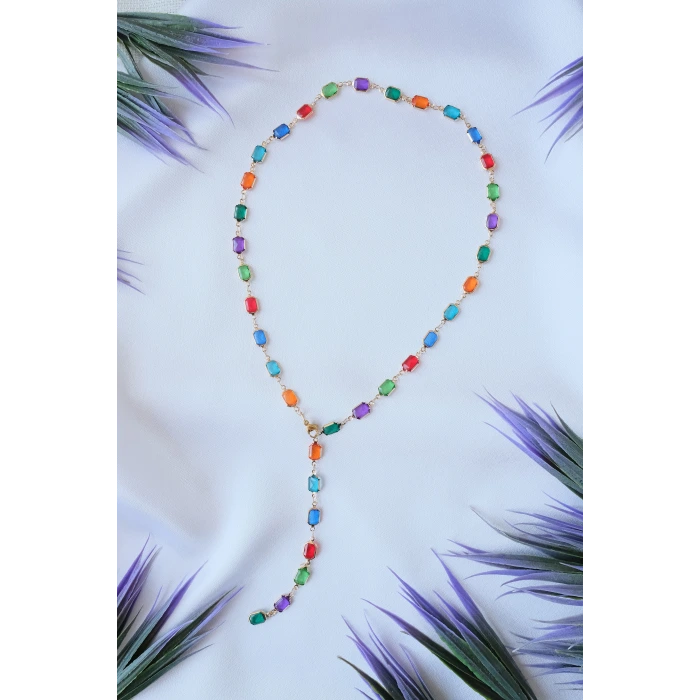 Y Dikdörtgen Renkli Taş Gold Çelik Kolye 