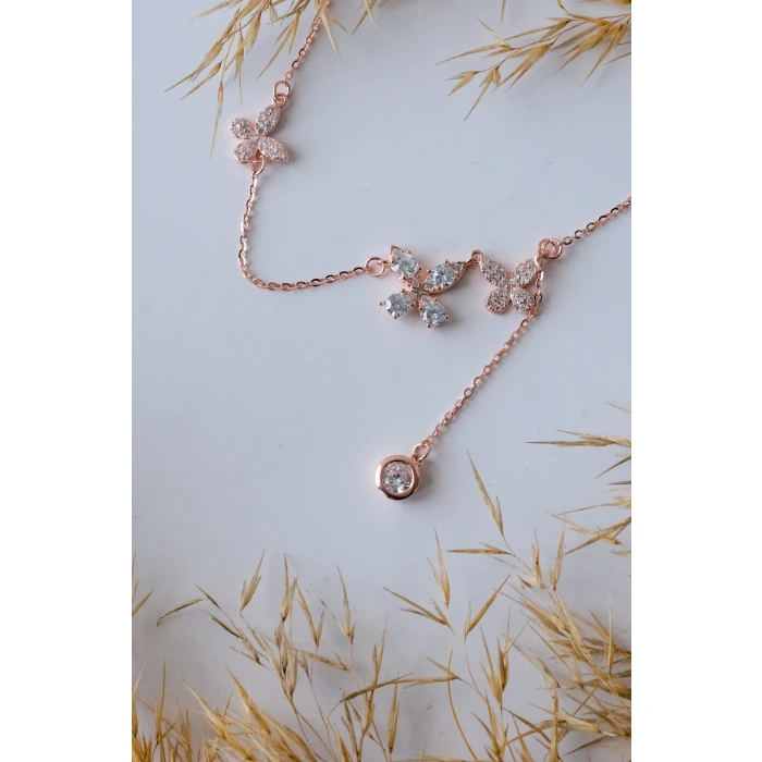 3lü Kelebek Rose 925 Gümüş Kolye