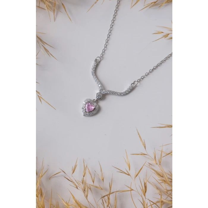 Pembe Taş Detaylı Kalp Silver 925 Gümüş Kolye