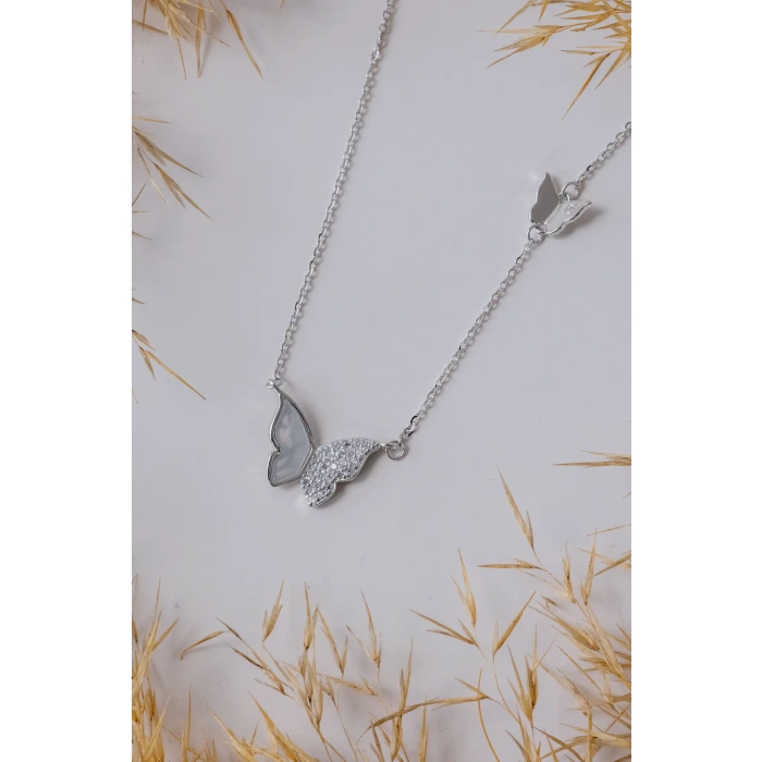 Sedef Detaylı Çift Kelebek Silver 925 Gümüş Kolye 