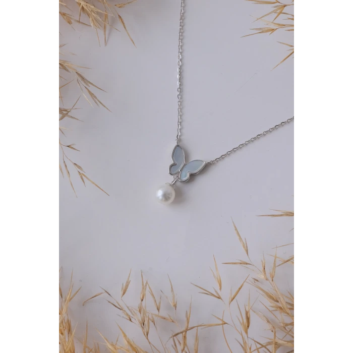 Kelebek İnci Detaylı Silver 925 Gümüş Kolye 