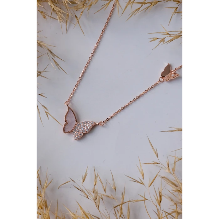 Sedef Detaylı Çift Kelebek Rose 925 Gümüş Kolye