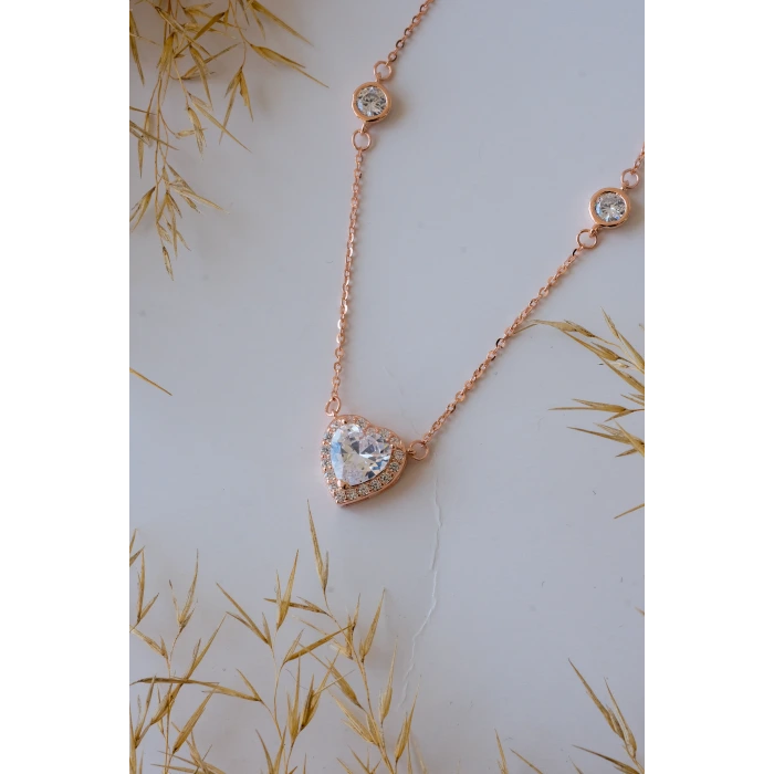 Kalp Zirkon Taş Detaylı Rose 925 Gümüş Kolye