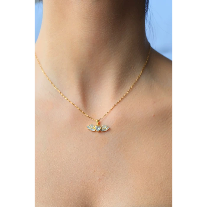 Kalp Kanat Gold Çelik Kolye