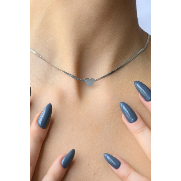 İtalyan Zincir Kalp Detaylı Silver Çelik Kolye