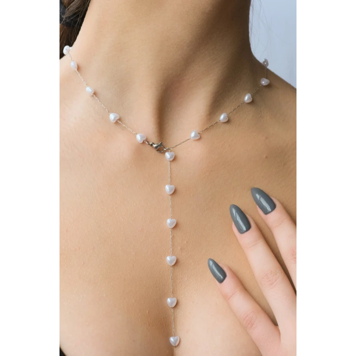 Y Kalp İnci Silver Çelik Kolye