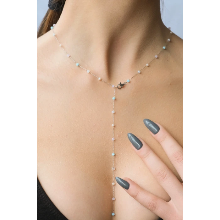 Y Renkli Taş Silver Çelik Kolye