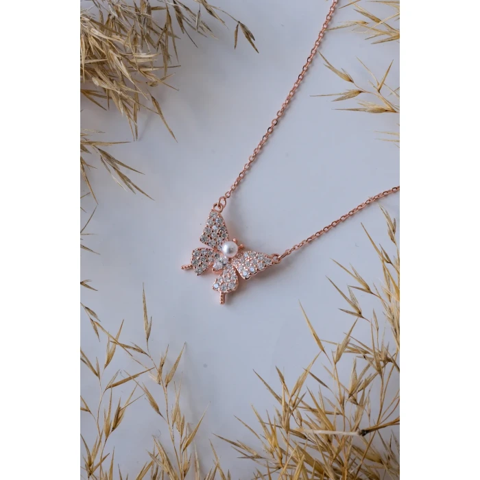 İnci Detaylı Kelebek Gold 925 Gümüş Kolye