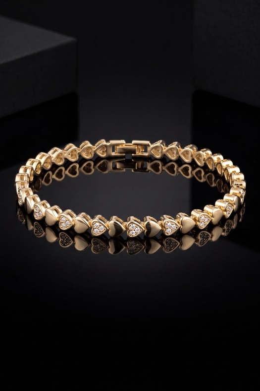 Valentina Zirkon Taşlı Çift Kalp Detaylı Bileklik -14k Gold Renk Kaplama